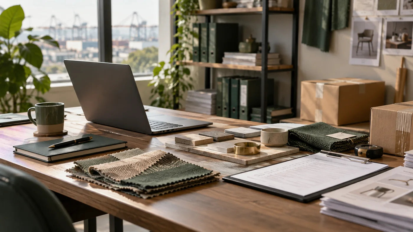 Illustrative procurement workspace and product sample review scene