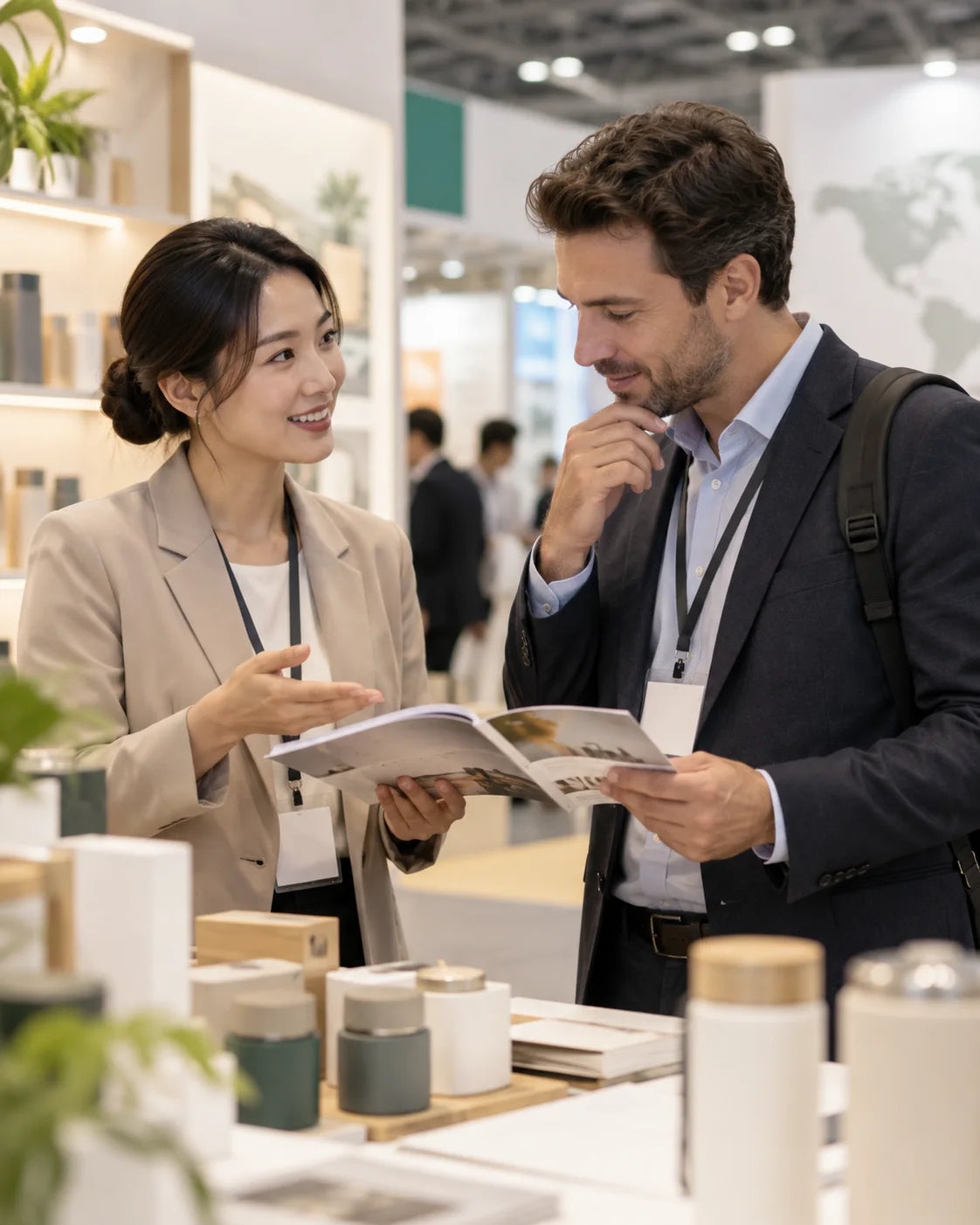 Illustrative exhibition supplier discussion scene