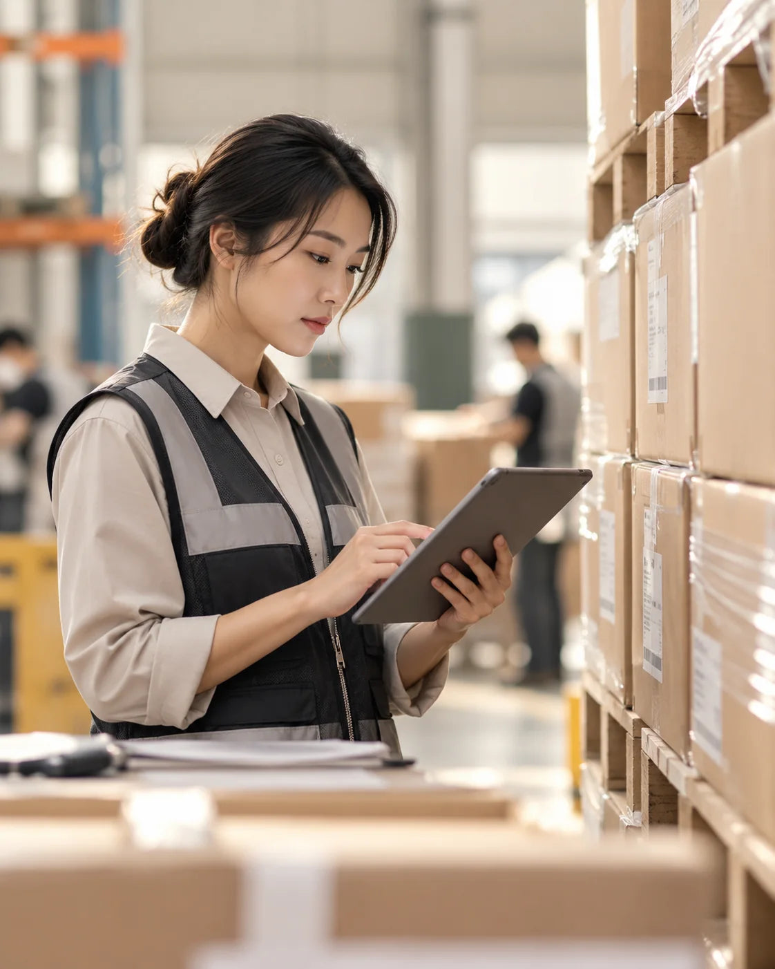Illustrative warehouse QC review scene